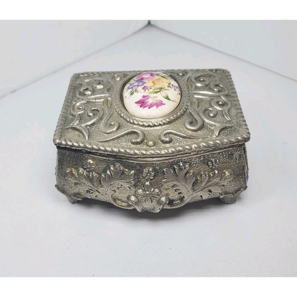 Vintage Mini Embossed Pewter Trinket Floral Jewellery Box Japan 1950s